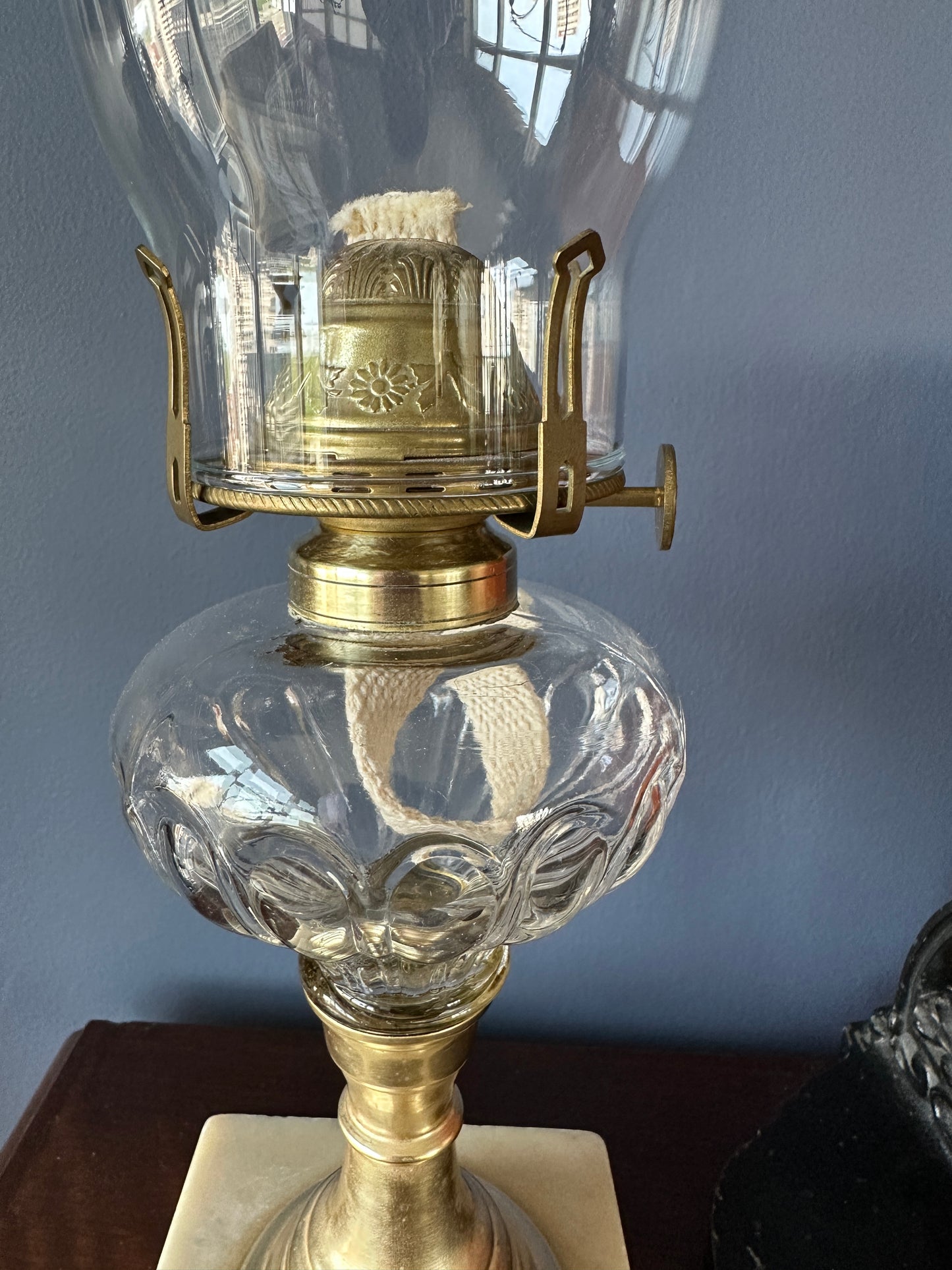 Atterbury Loop Patterned Glass Oil Lamp, Brass Stem and Marble Base