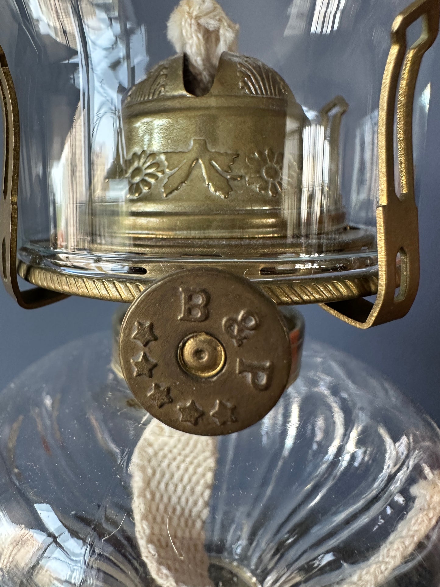 Atterbury Loop Patterned Glass Oil Lamp, Brass Stem and Marble Base
