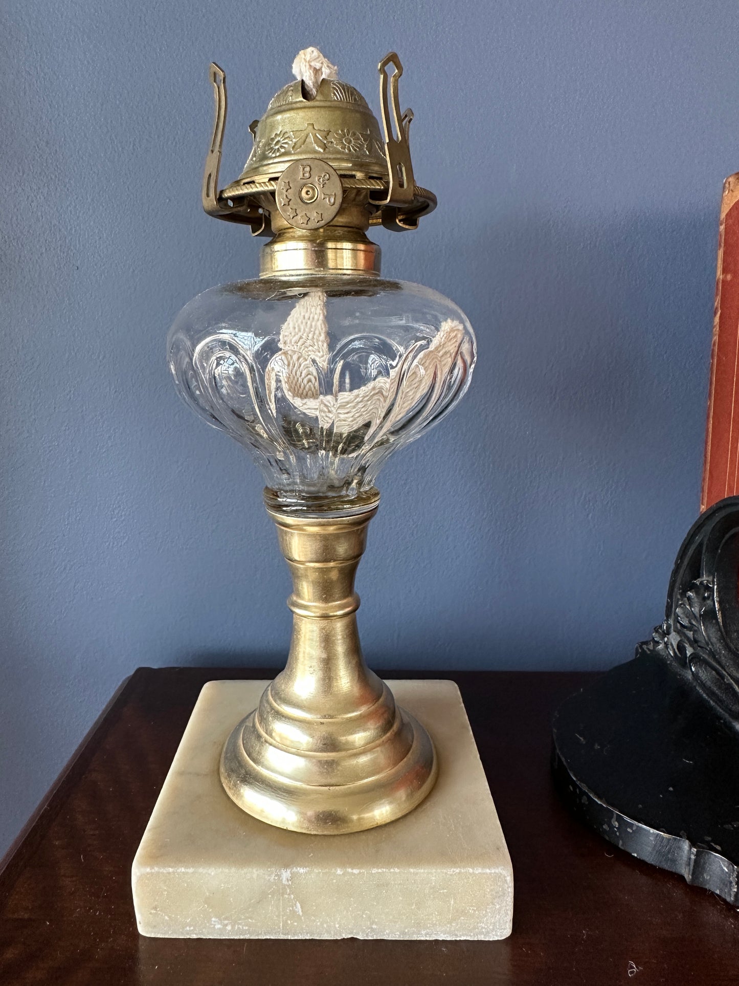 Atterbury Loop Patterned Glass Oil Lamp, Brass Stem and Marble Base