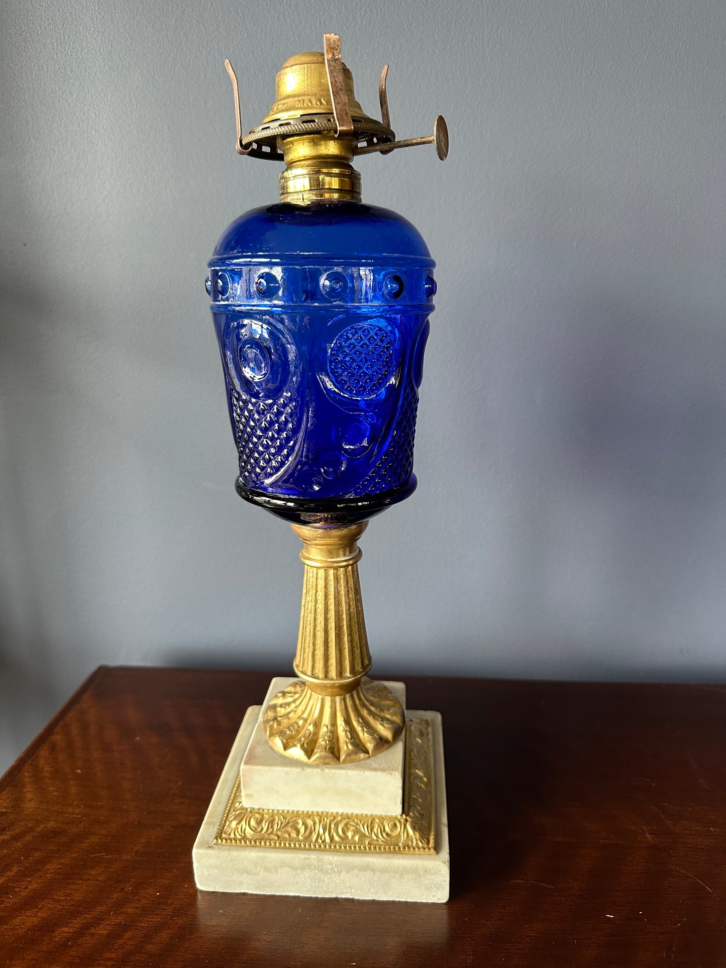Cobalt Glass Pedestal Oil Lamp with Brass Stem and Marble Base