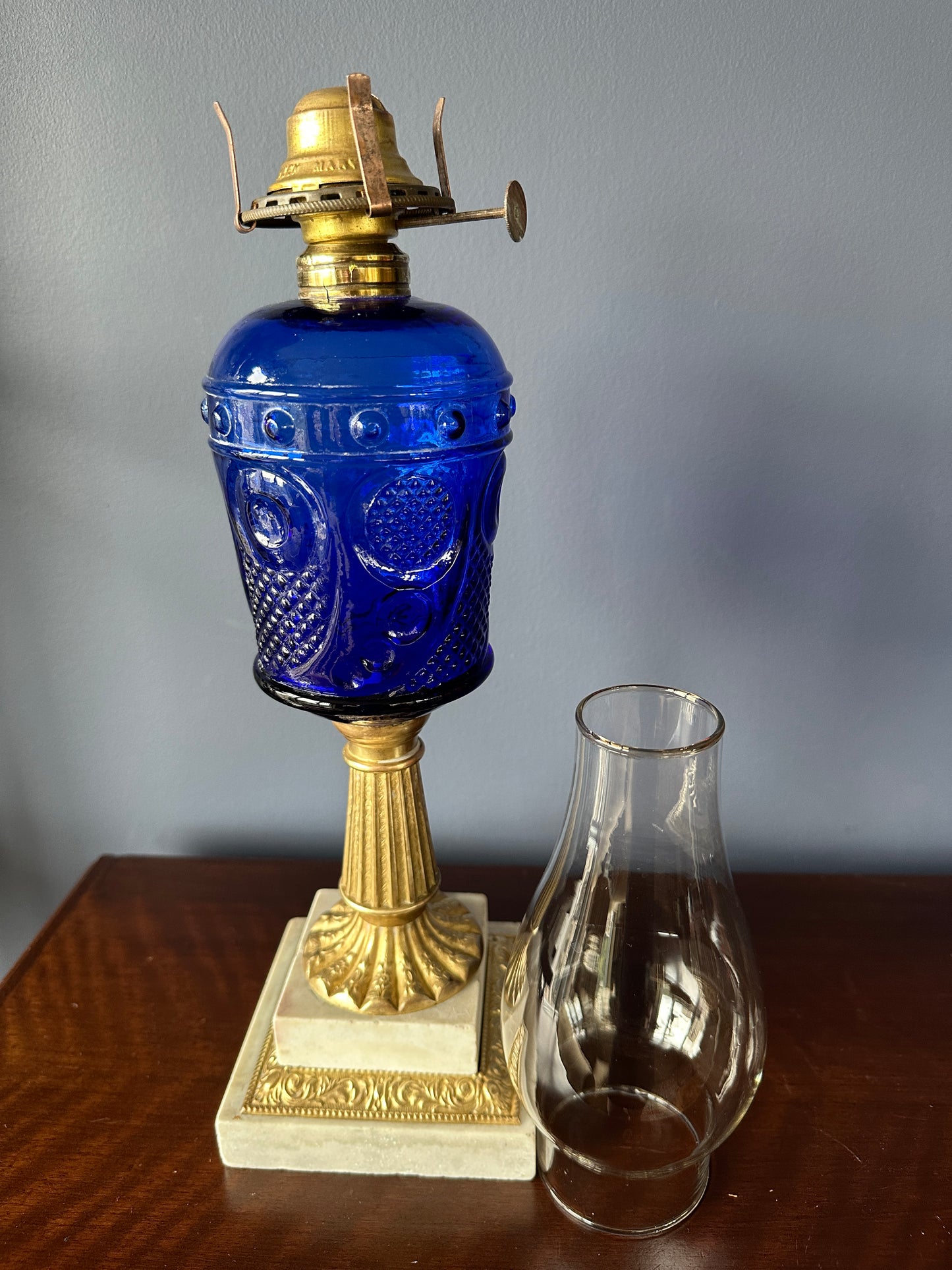 Cobalt Glass Pedestal Oil Lamp with Brass Stem and Marble Base