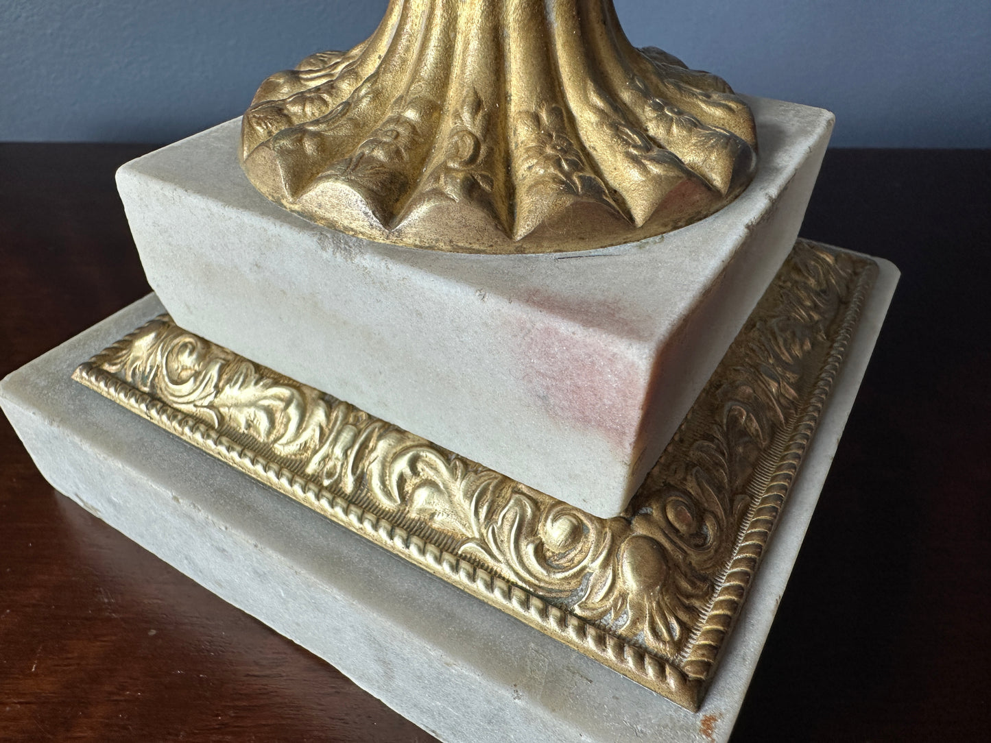 Cobalt Glass Pedestal Oil Lamp with Brass Stem and Marble Base