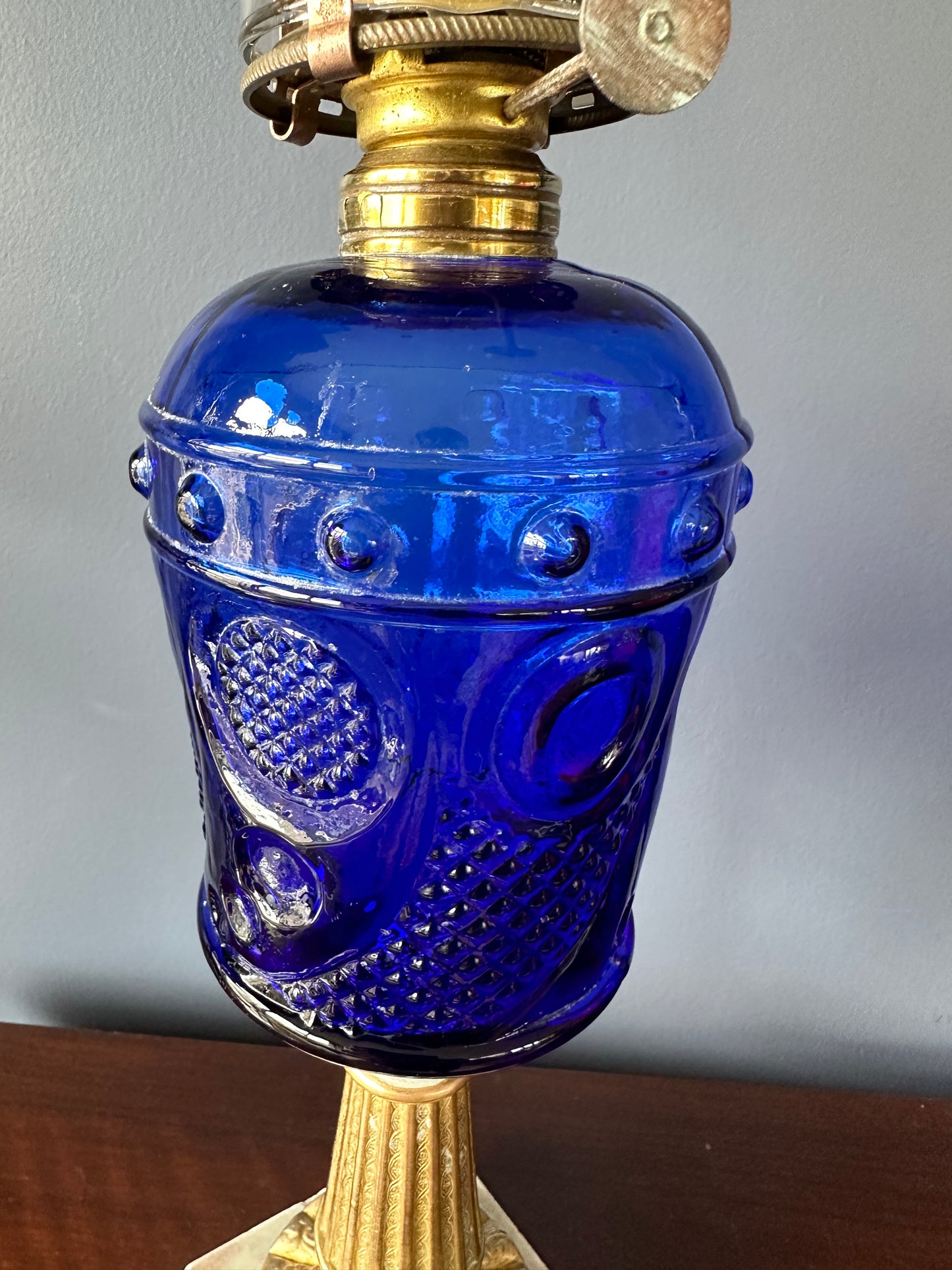 Cobalt Glass Pedestal Oil Lamp with Brass Stem and Marble Base