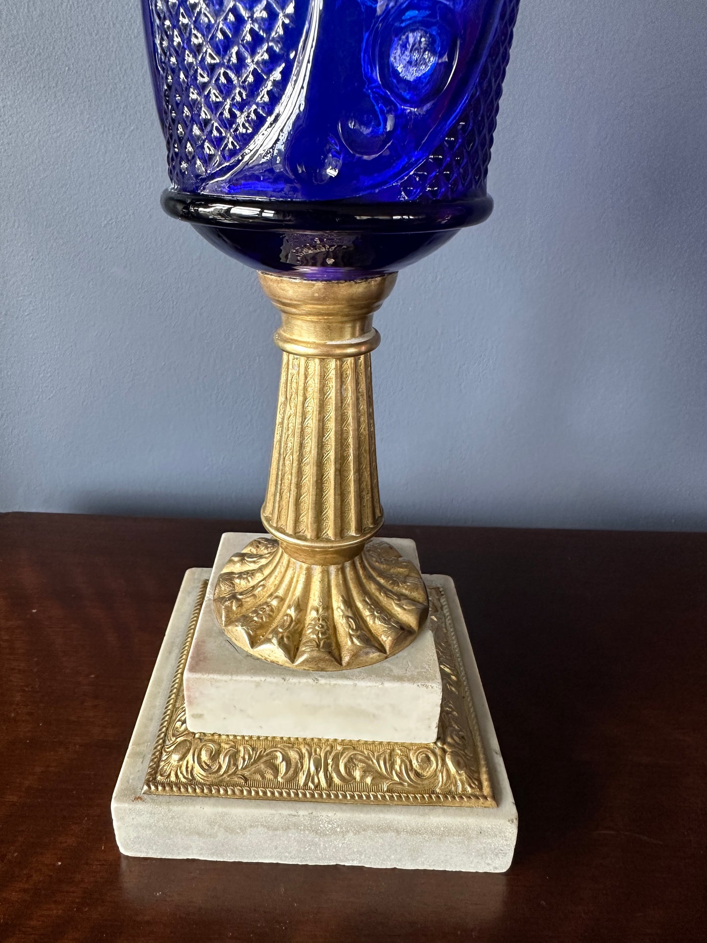 Cobalt Glass Pedestal Oil Lamp with Brass Stem and Marble Base