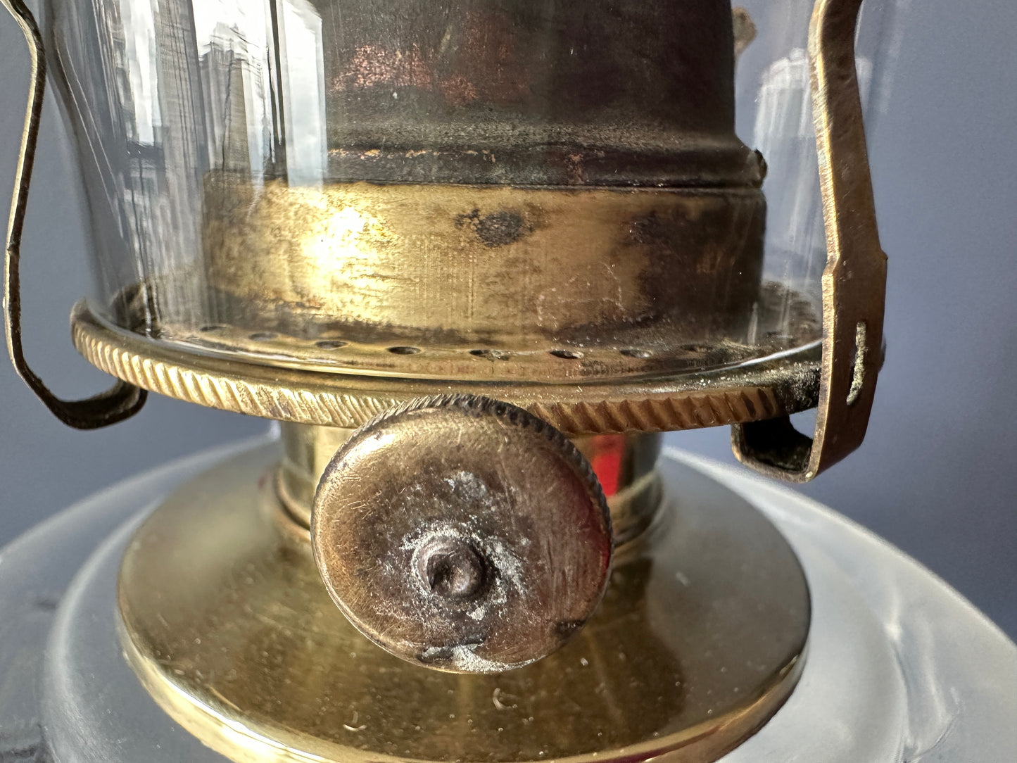 Cobalt Glass Pedestal Oil Lamp with Brass Stem and Marble Base