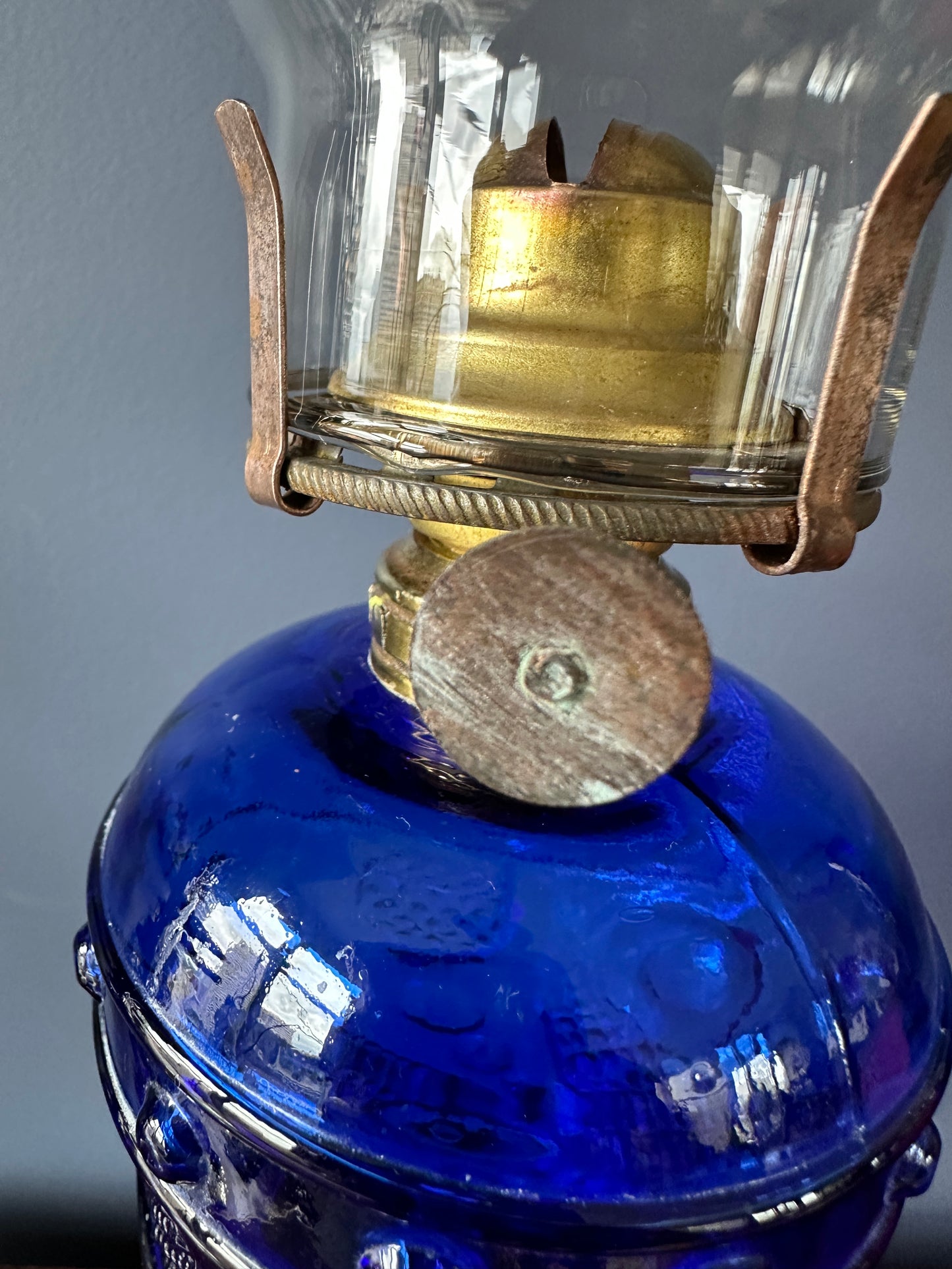 Cobalt Glass Pedestal Oil Lamp with Brass Stem and Marble Base