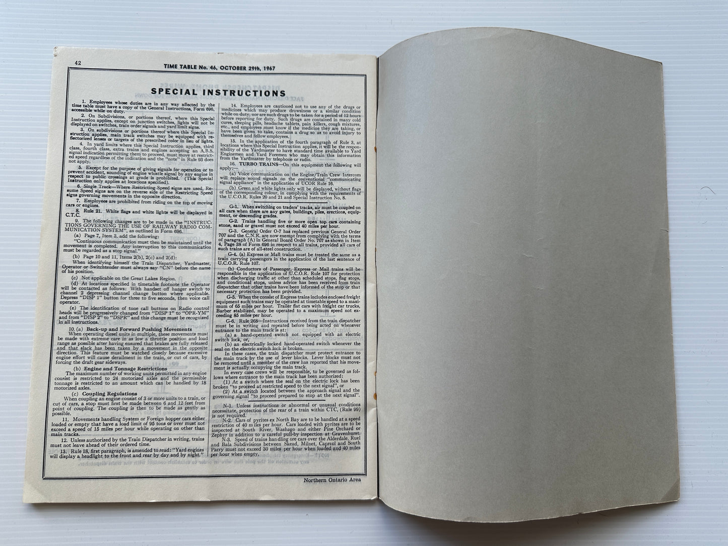 Canadian National Railways (CNR) Employees' Operating Timetable - Great Lakes Region - Northern Ontario Area - October 1967, #46