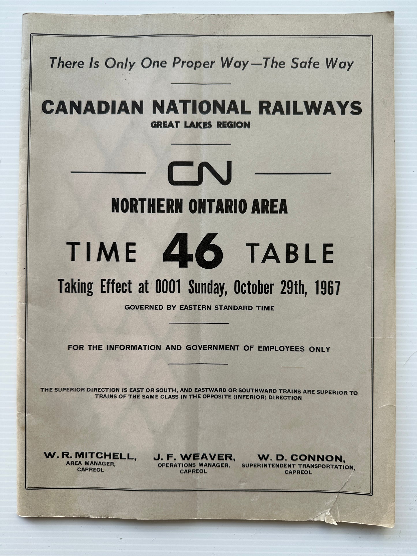 Canadian National Railways (CNR) Employees' Operating Timetable - Great Lakes Region - Northern Ontario Area - October 1967, #46