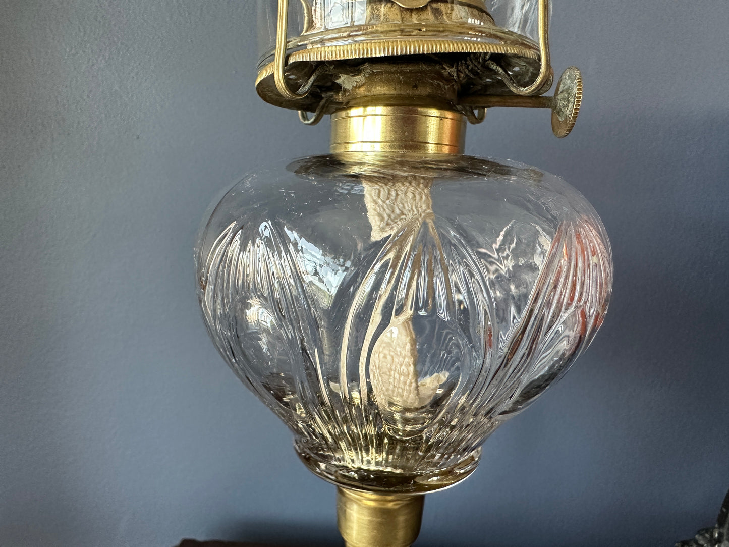 Glass Pedestal Oil Lamp with Brass Stem and Marble Base