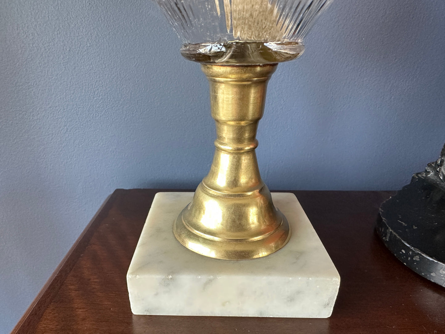 Glass Pedestal Oil Lamp with Brass Stem and Marble Base