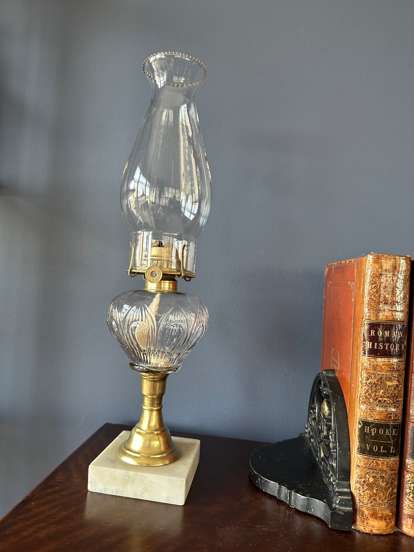 Glass Pedestal Oil Lamp with Brass Stem and Marble Base