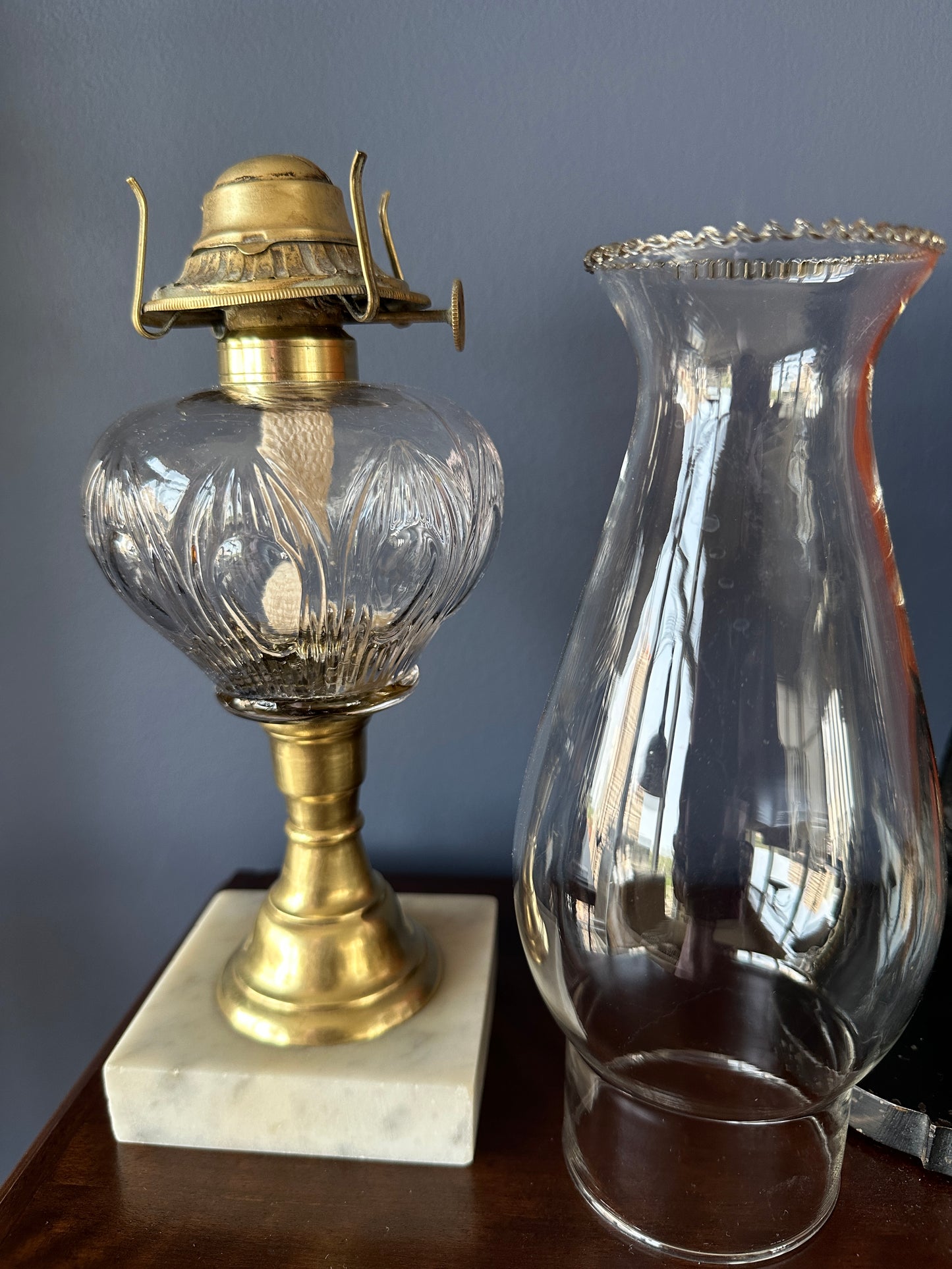 Glass Pedestal Oil Lamp with Brass Stem and Marble Base