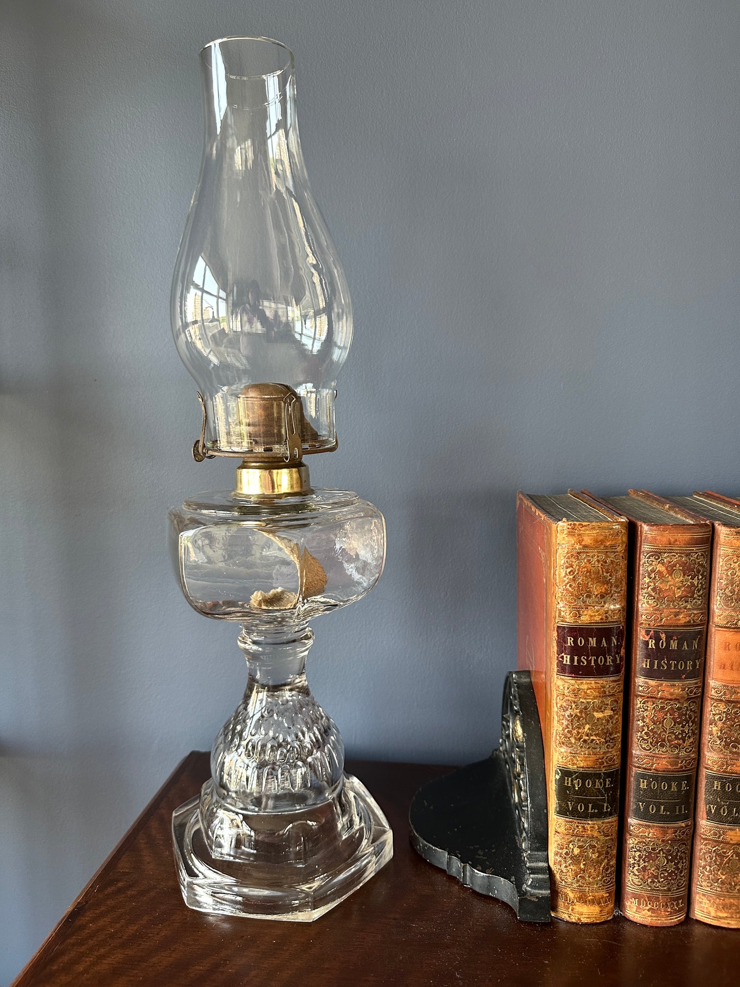 Large Pressed Glass Pedestal Oil Lamp