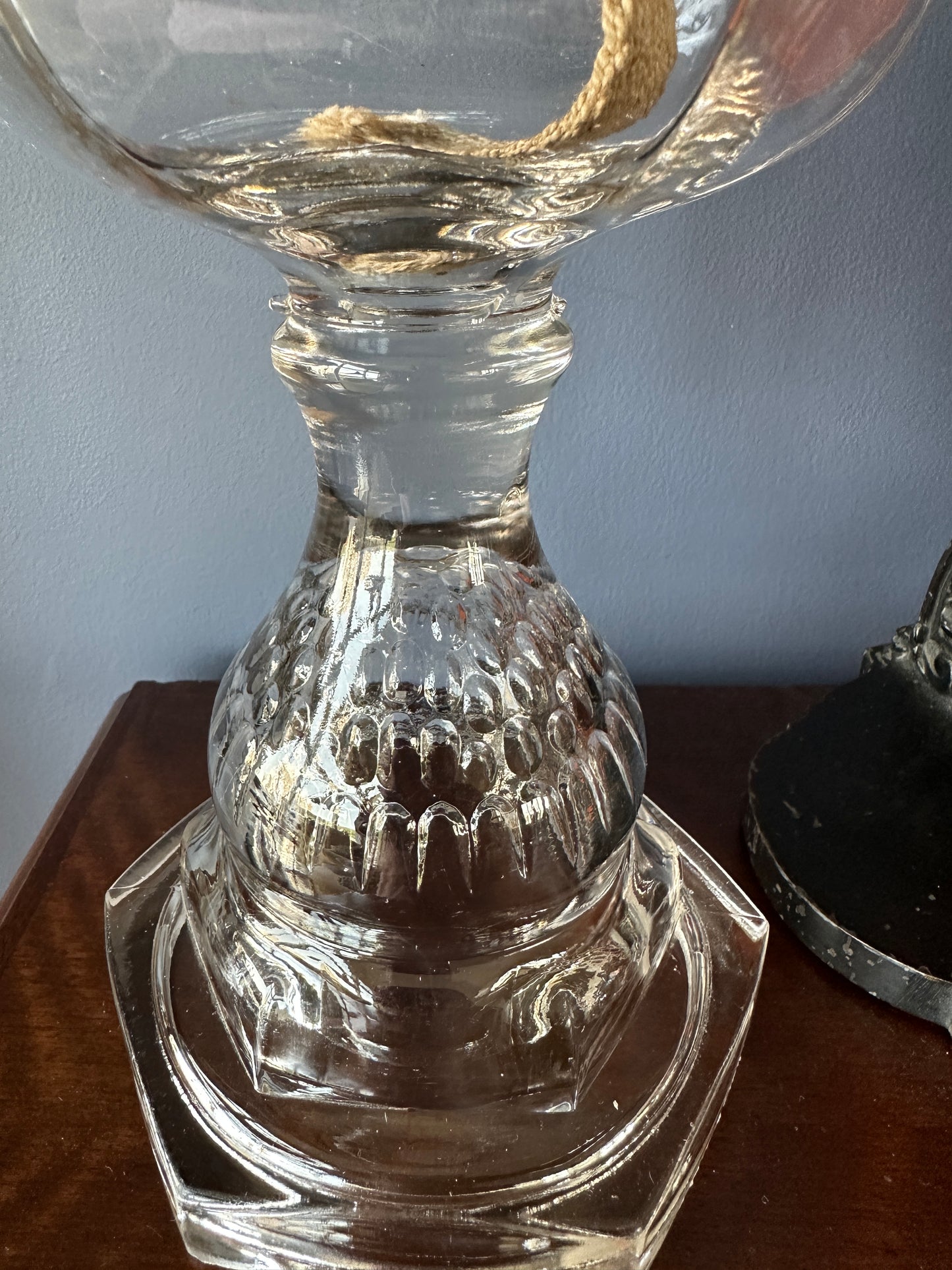 fish scale base, Large Pressed Glass Pedestal Oil Lamp