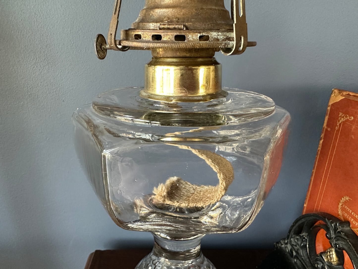six sided font, Large Pressed Glass Pedestal Oil Lamp