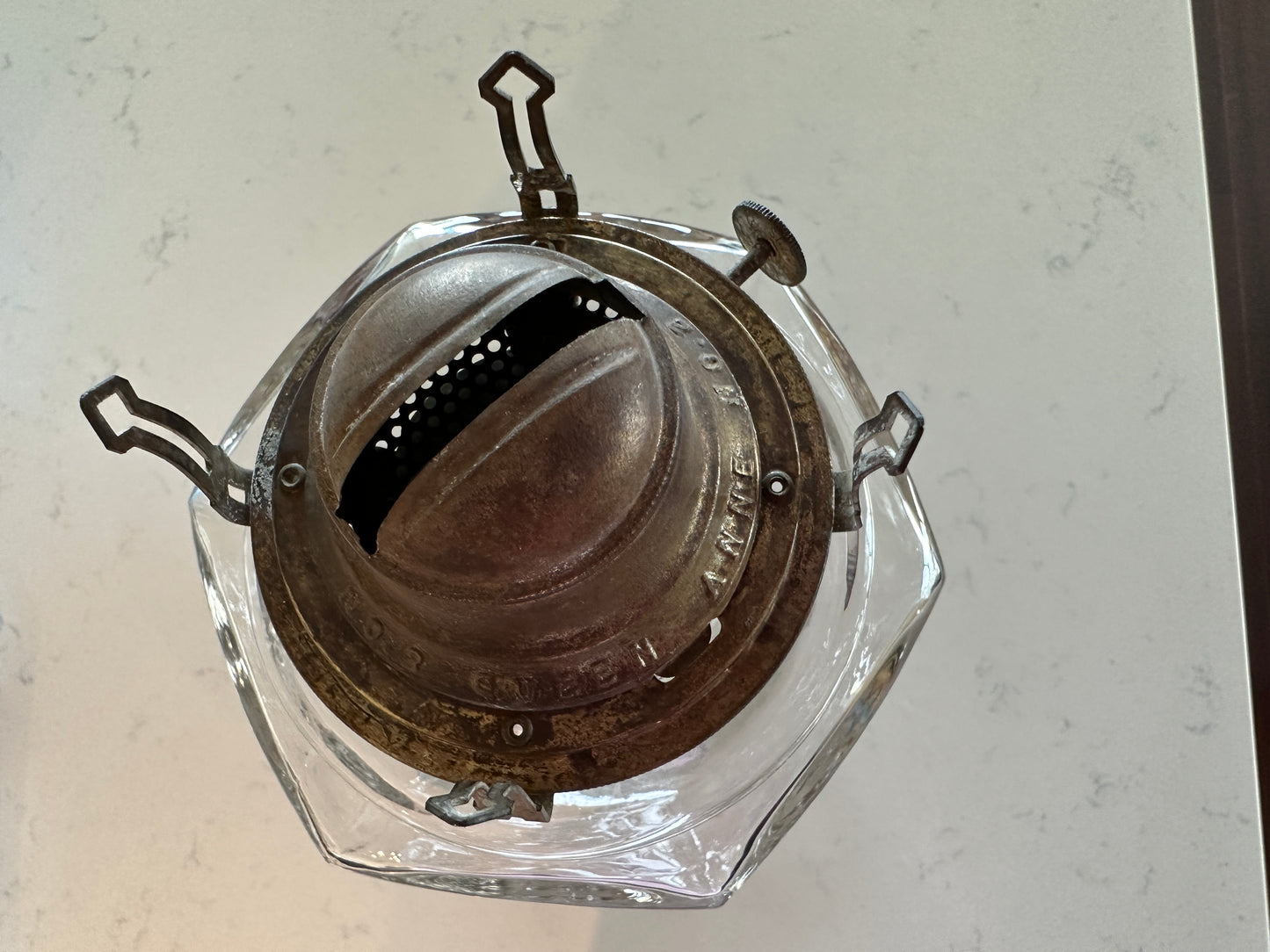 close up of Queen Anne burner, Large Pressed Glass Pedestal Oil Lamp