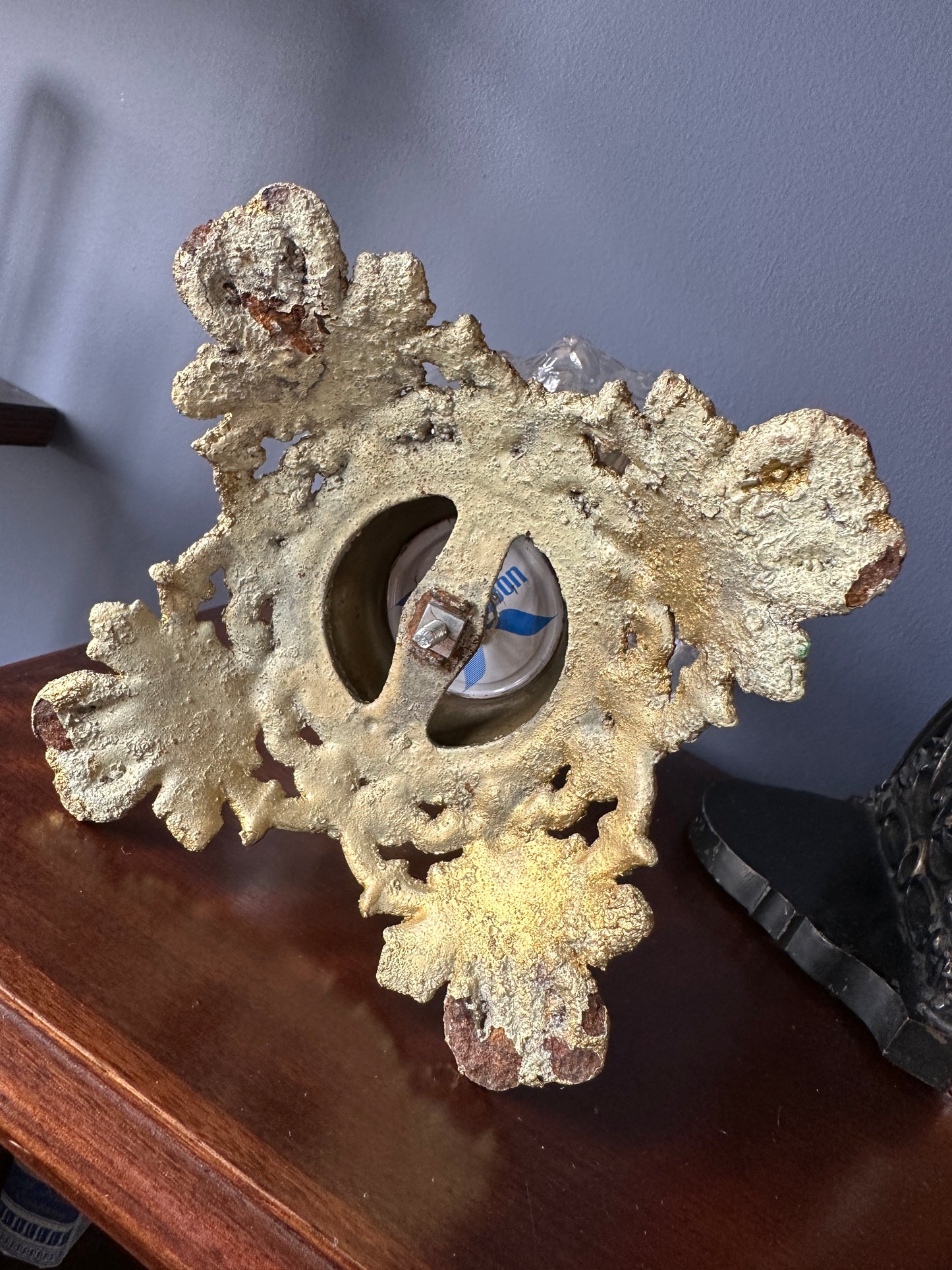 Four Lion Head Glass and Brass Pedestal Oil Lamp, Underside of base