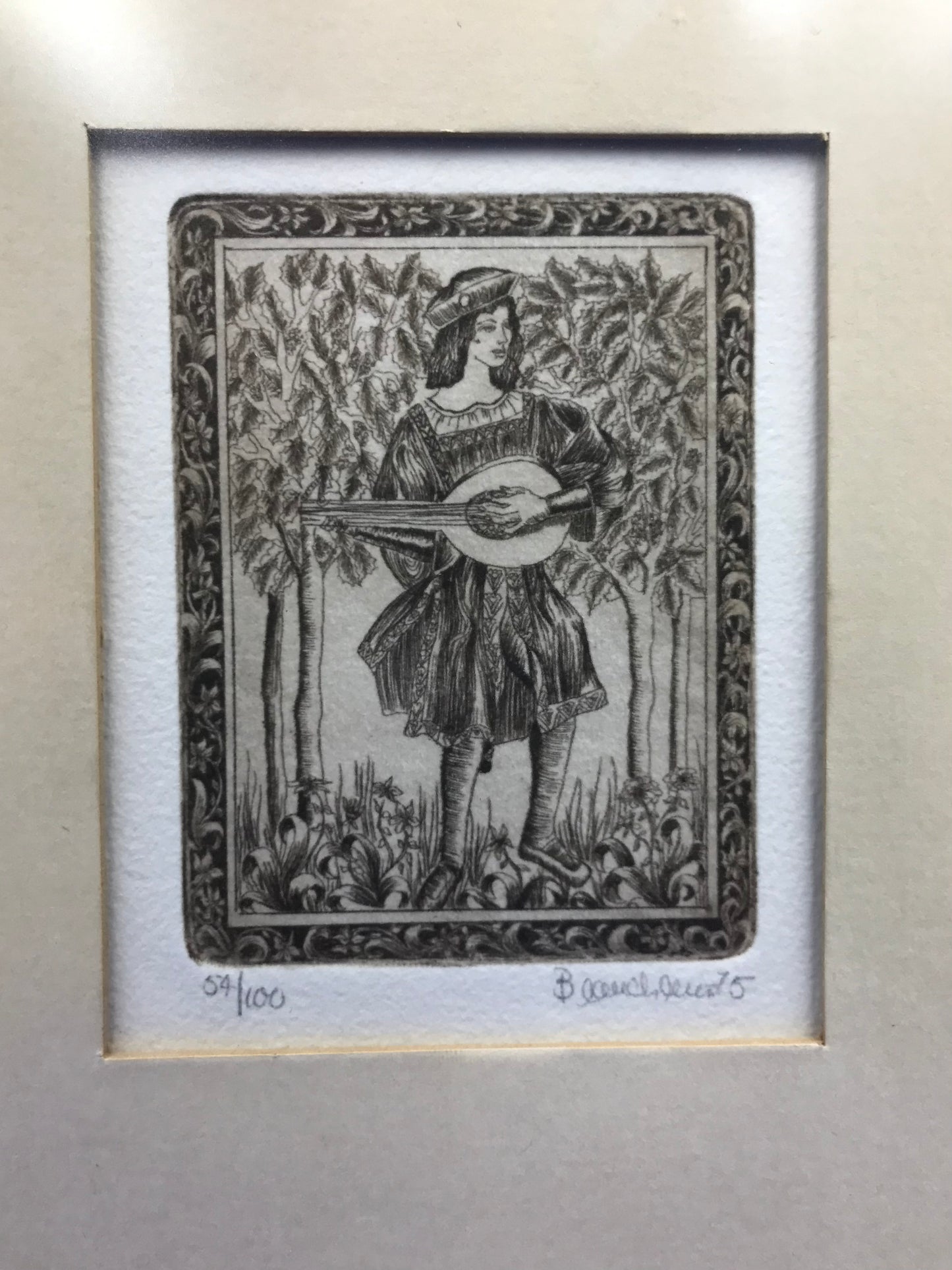 Two limited edition etchings, 1975, young man and woman, playing mandolin and petting a unicorn
