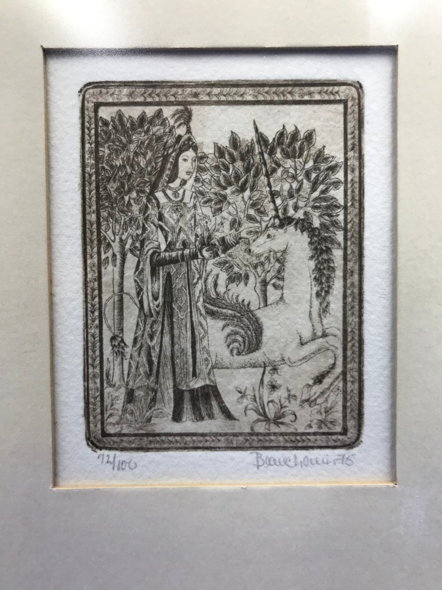 Two limited edition etchings, 1975, young man and woman, playing mandolin and petting a unicorn