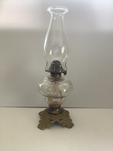 Lion Head Glass and Brass Pedestal Oil Lamp