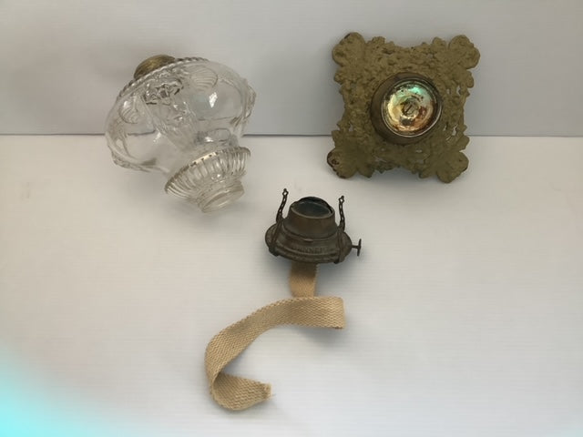 Lion Head Glass and Brass Pedestal Oil Lamp