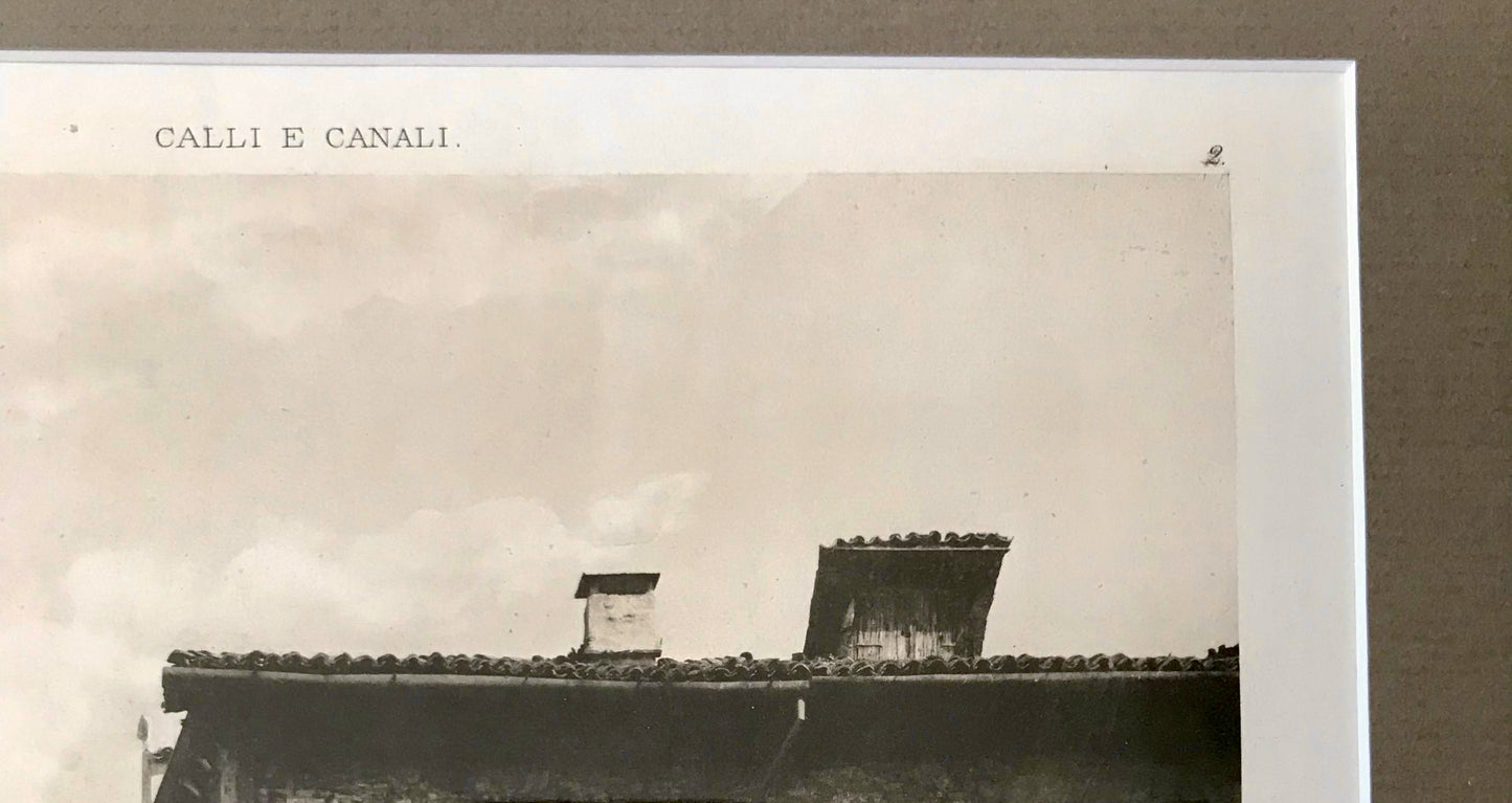 Ferdinando Ongania, Calli e Canali, Venezia, Plate 2, corner building on canals, man leaning against the railing. Photogravure
