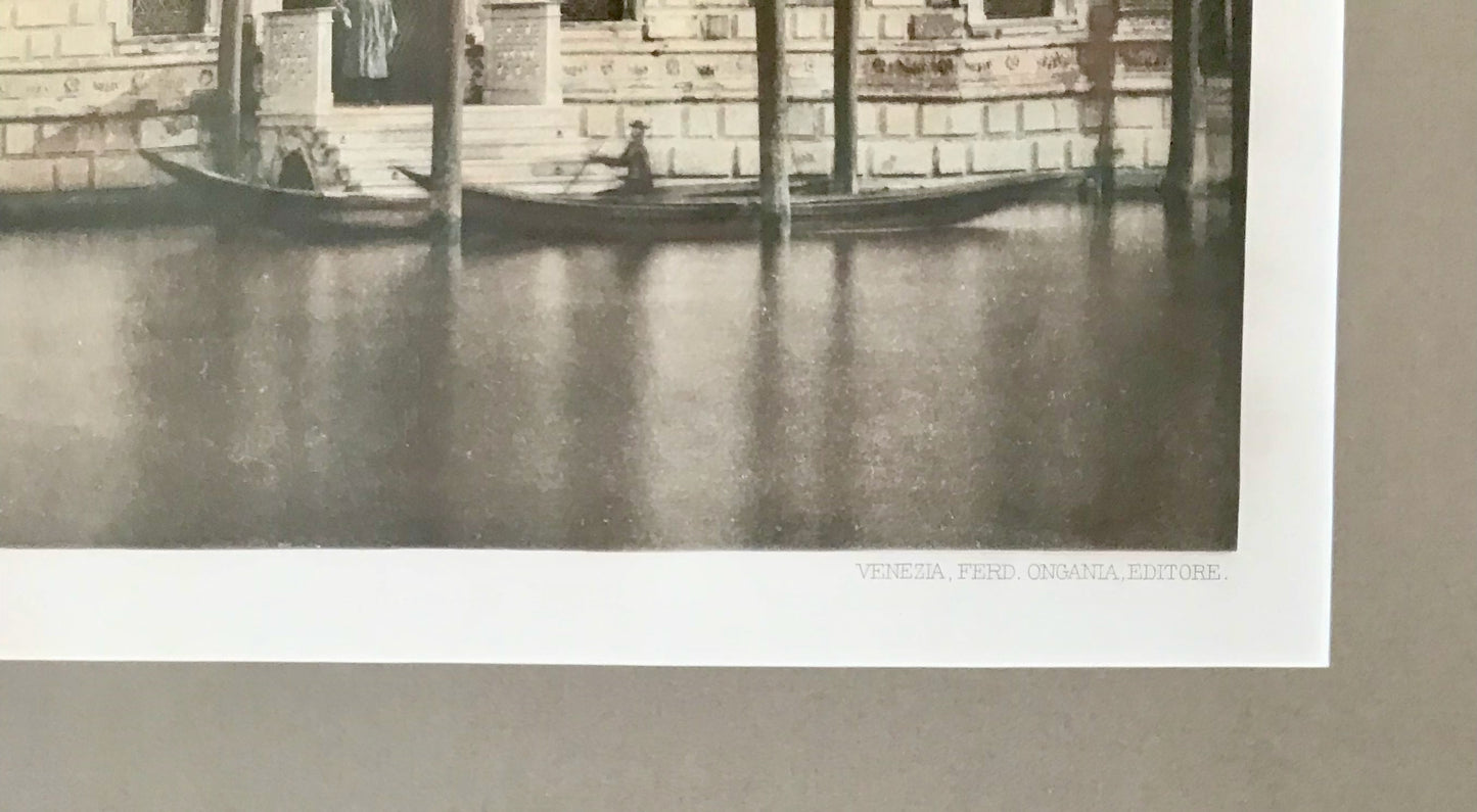 Ferdinando Ongania, Calli e Canali, Venezia, Plate 46, scene of a building by a canal, a gondola and a man standing at a gate. Photogravure