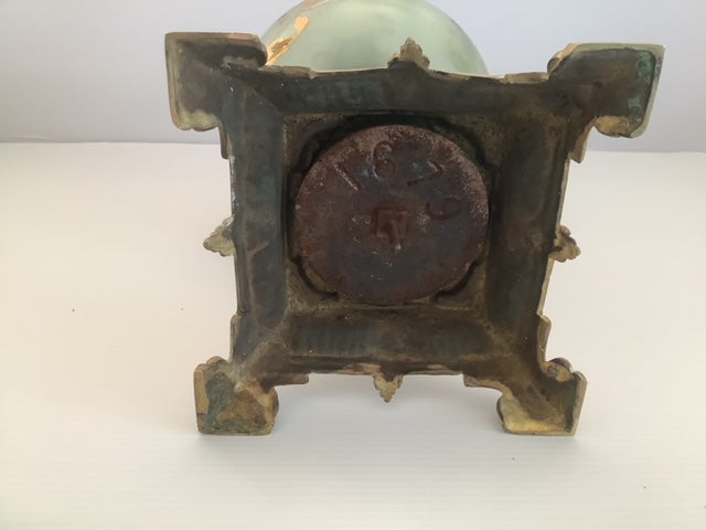 Satin Green Glass and Brass Oil Lamp with Gold & Pink Floral Accents