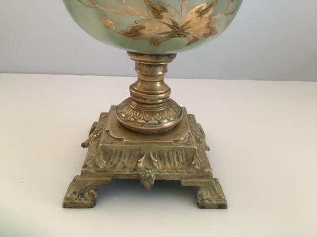 Satin Green Glass and Brass Oil Lamp with Gold & Pink Floral Accents