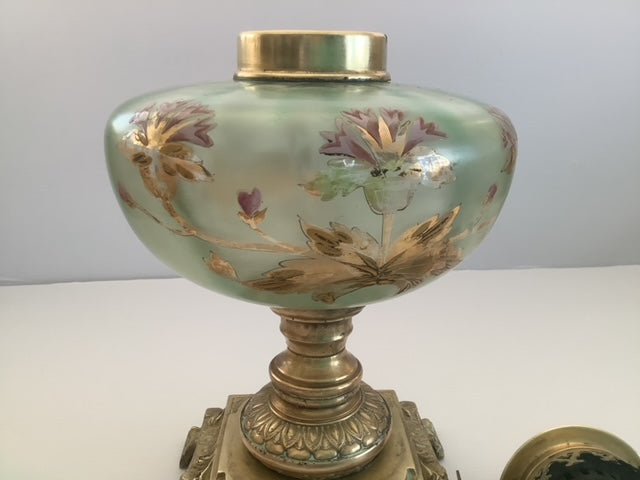Satin Green Glass and Brass Oil Lamp with Gold & Pink Floral Accents