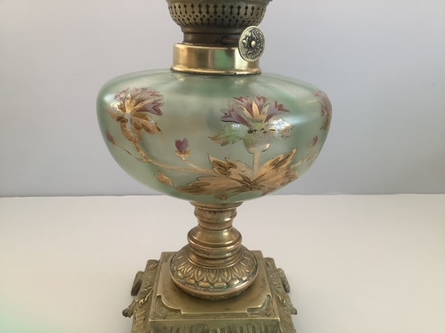 Satin Green Glass and Brass Oil Lamp with Gold & Pink Floral Accents