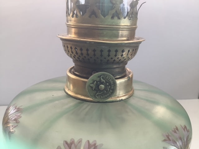 Satin Green Glass and Brass Oil Lamp with Gold & Pink Floral Accents