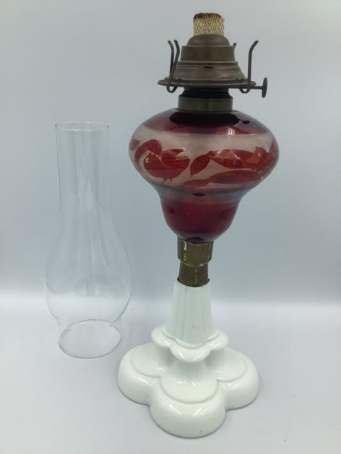 Ruby Glass Oil Lamp with Milk Glass Base