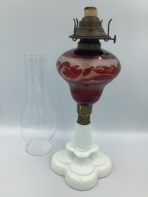 Ruby Glass Oil Lamp with Milk Glass Base