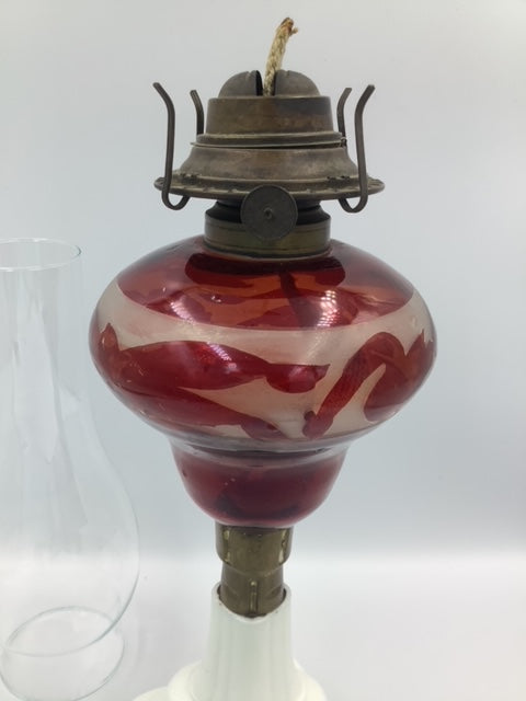 Ruby Glass Oil Lamp with Milk Glass Base
