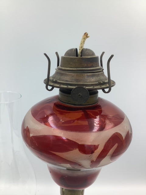 Ruby Glass Oil Lamp with Milk Glass Base