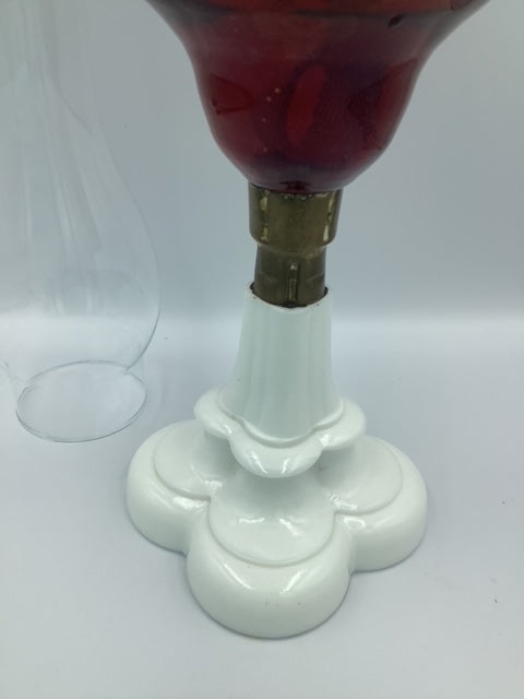 Ruby Glass Oil Lamp with Milk Glass Base