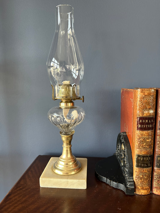 Atterbury Loop Patterned Glass Oil Lamp, Brass Stem and Marble Base