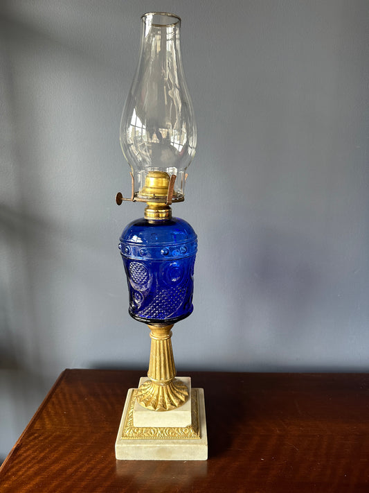 Cobalt Glass Pedestal Oil Lamp with Brass Stem and Marble Base