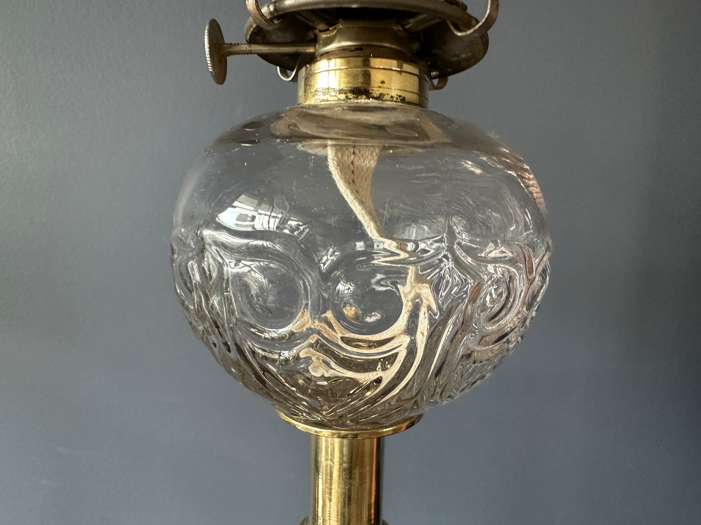 Brass Candlestick and Glass Owl and Shield Oil Lamp