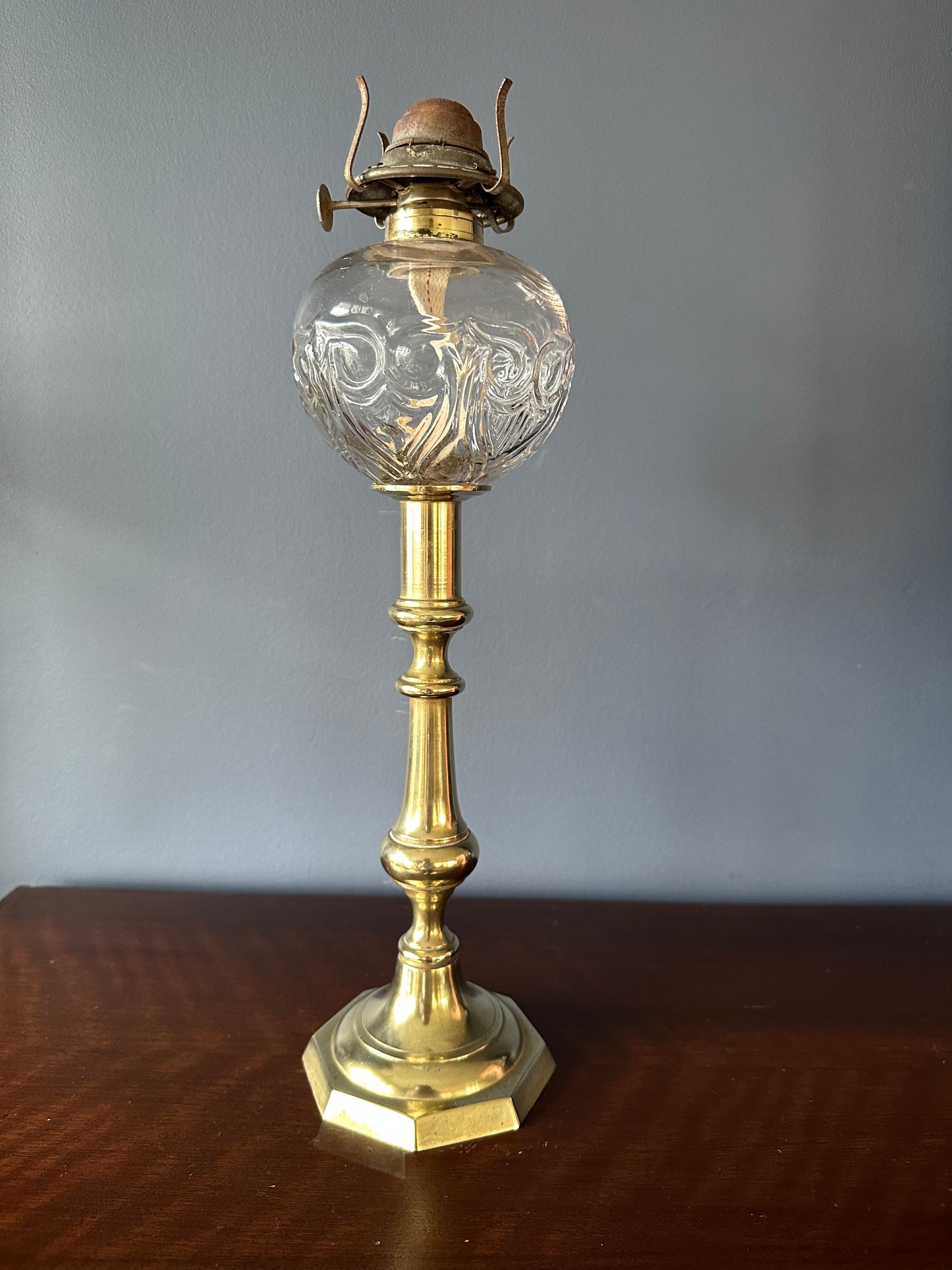 Brass Candlestick and Glass Owl and Shield Oil Lamp