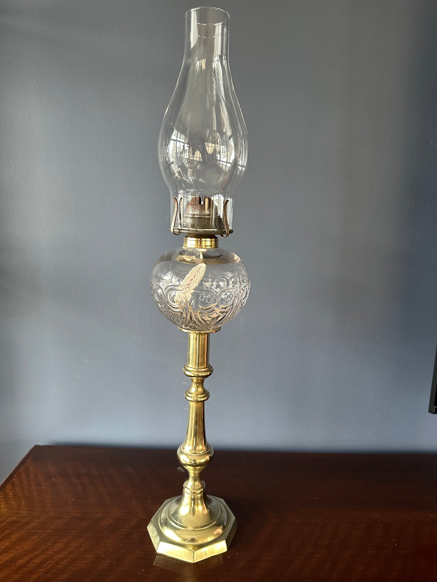Brass Candlestick and Glass Owl and Shield Oil Lamp