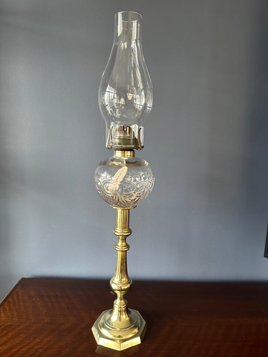 Brass Candlestick and Glass Owl and Shield Oil Lamp