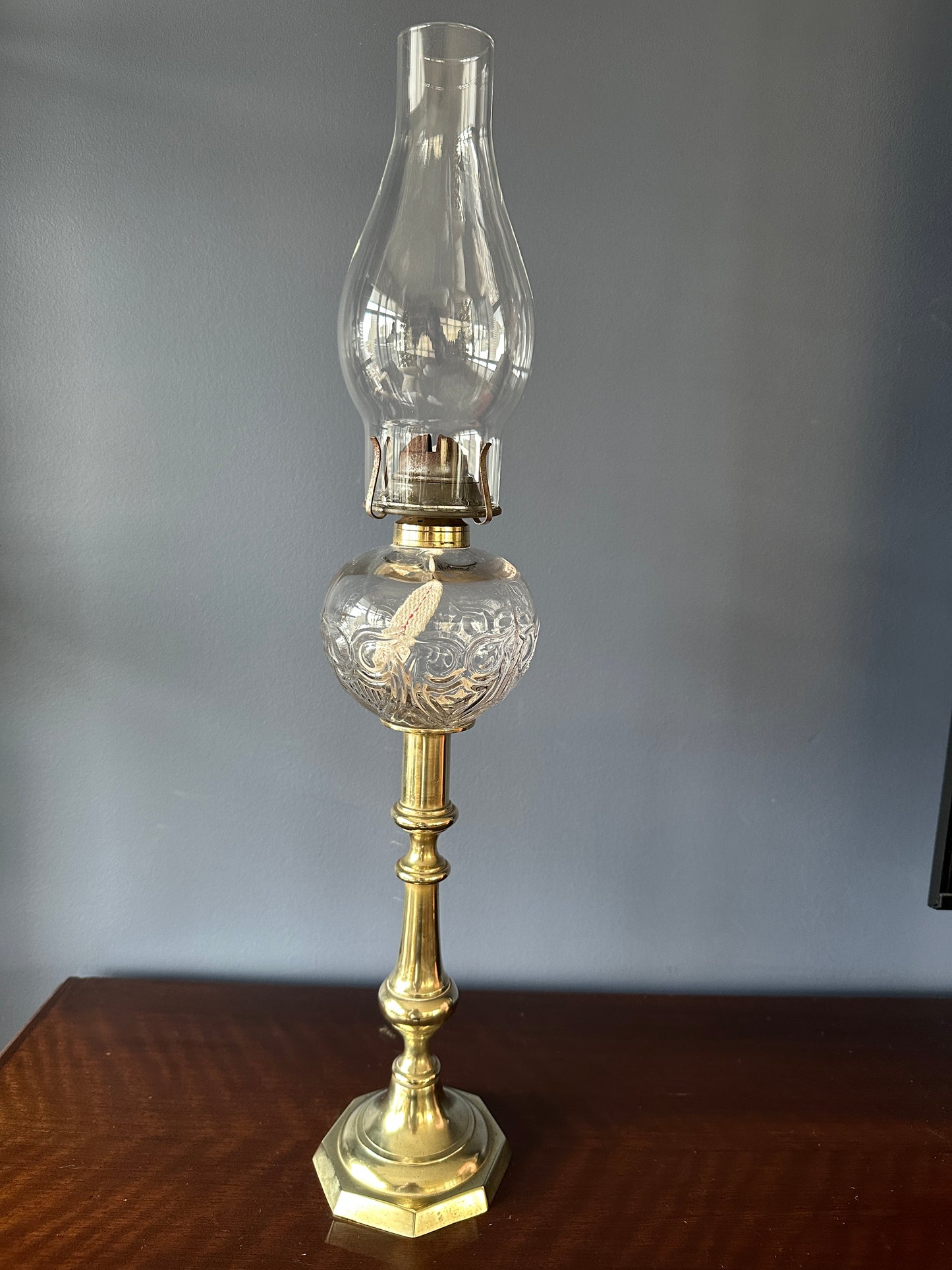Brass Candlestick and Glass Owl and Shield Oil Lamp