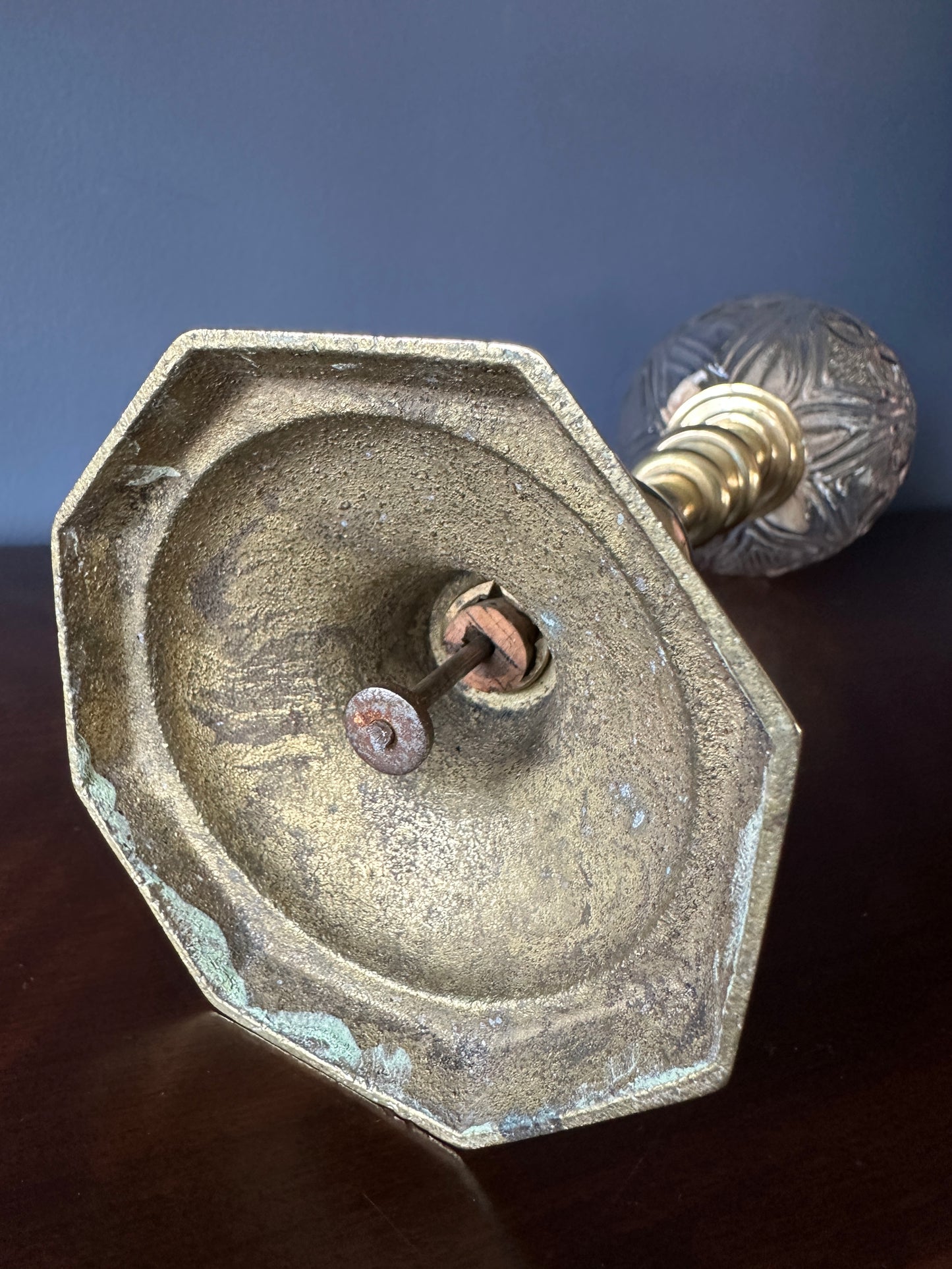 Brass Candlestick and Glass Owl and Shield Oil Lamp
