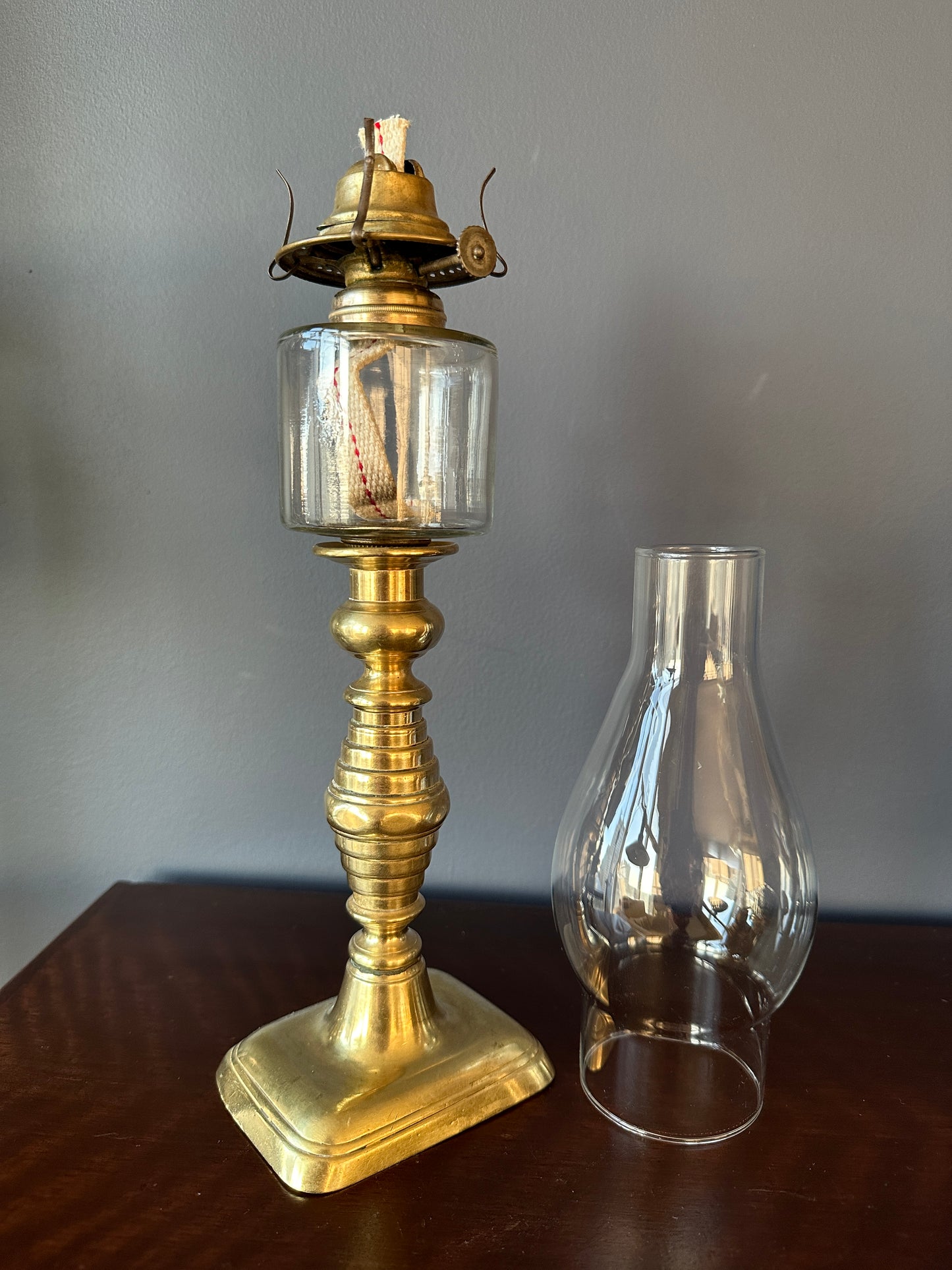 Brass Candlestick and Glass Peg Oil Lamp