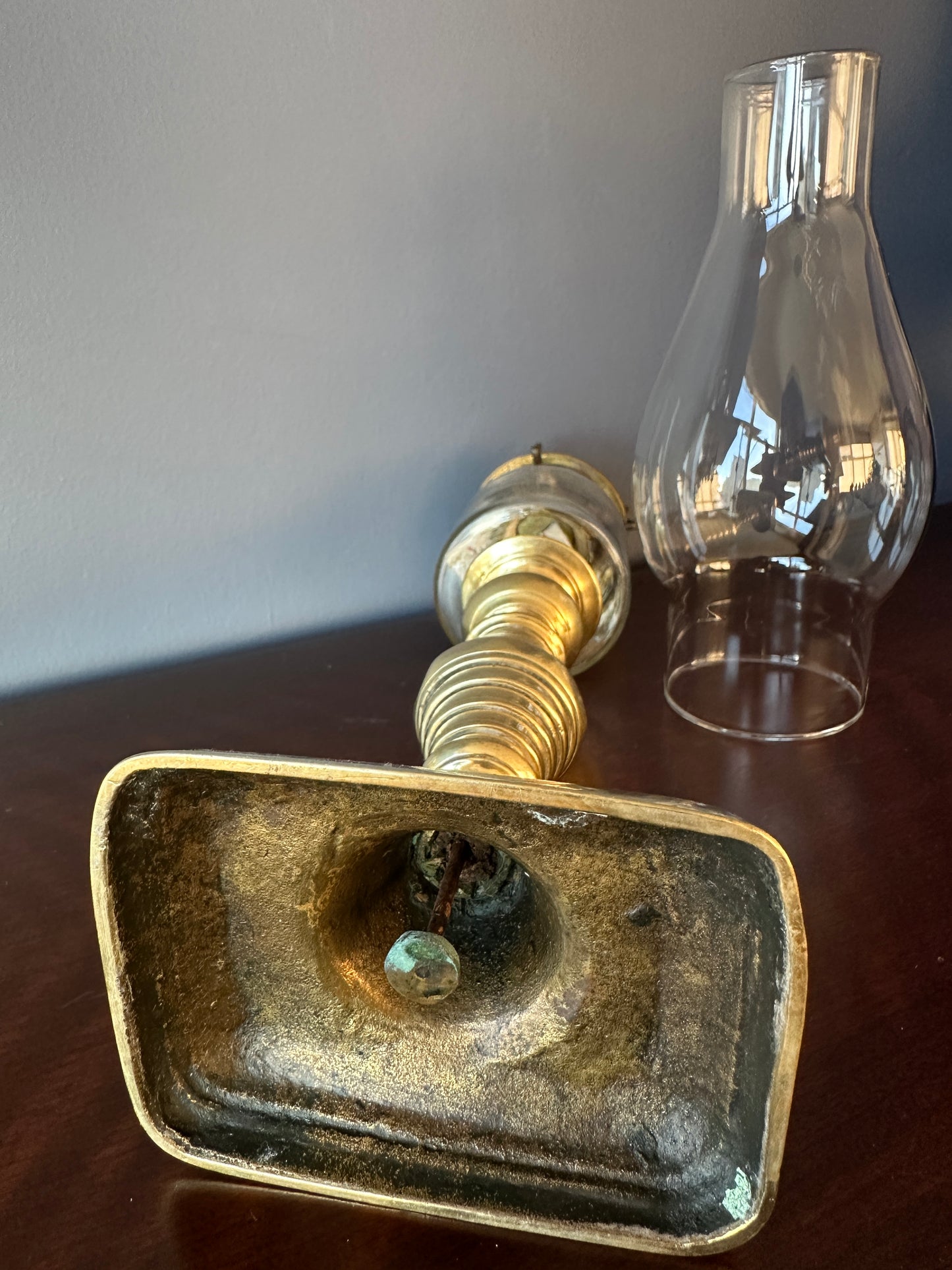 Brass Candlestick and Glass Peg Oil Lamp