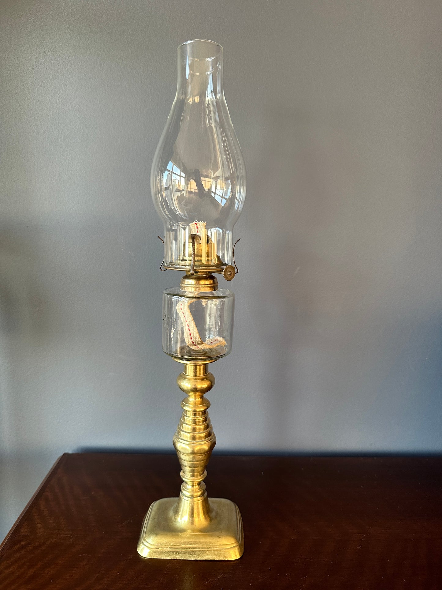 Brass Candlestick and Glass Peg Oil Lamp