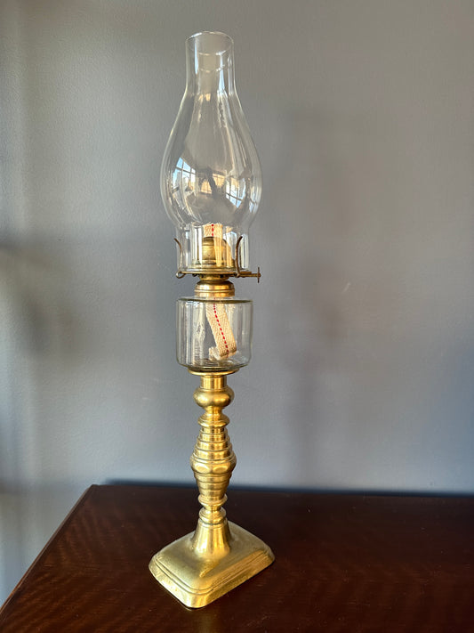 Brass Candlestick and Glass Peg Oil Lamp