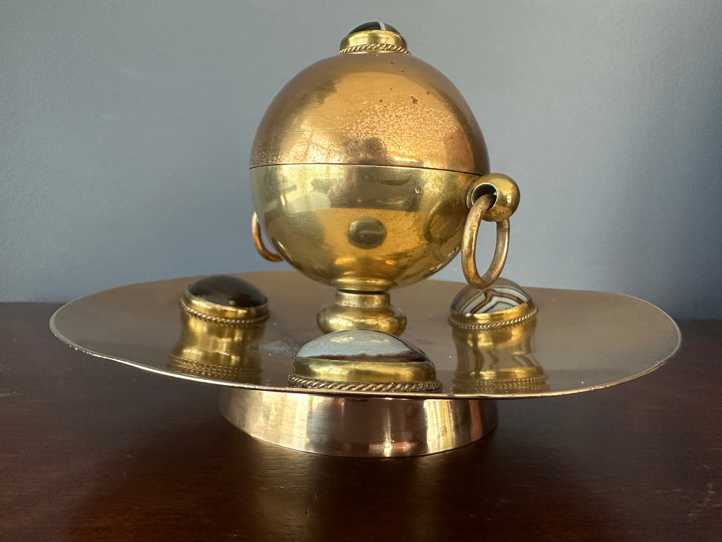 Brass & Agate Spherical Desk Inkwell